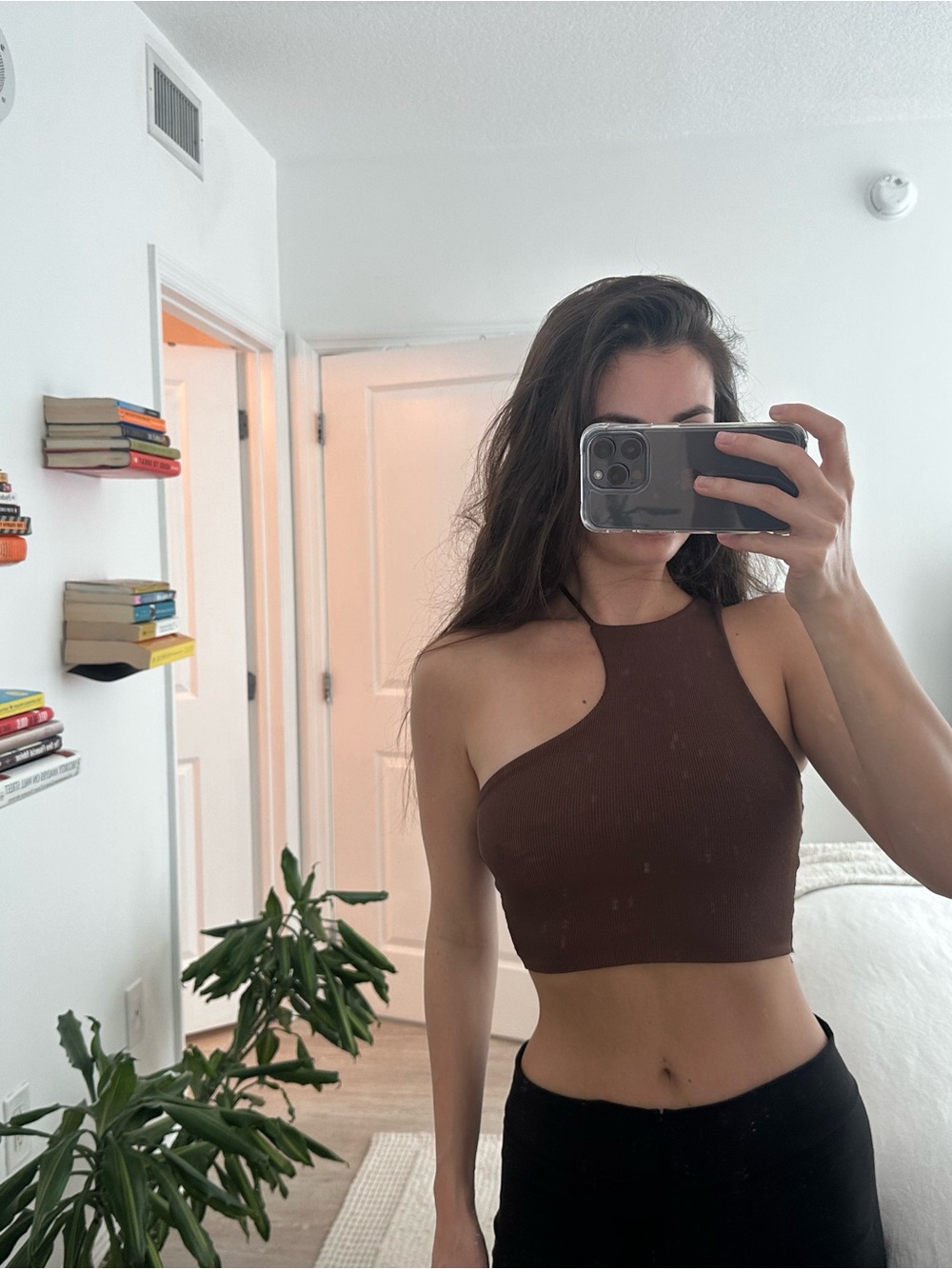 Bershka One-Shoulder Ribbed Crop Top in Brown